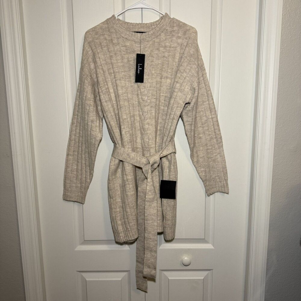 Lulus Wishing on Winter Cream Cable Knit Long Sleeve Mini Sweater Dress NWT Sz M
